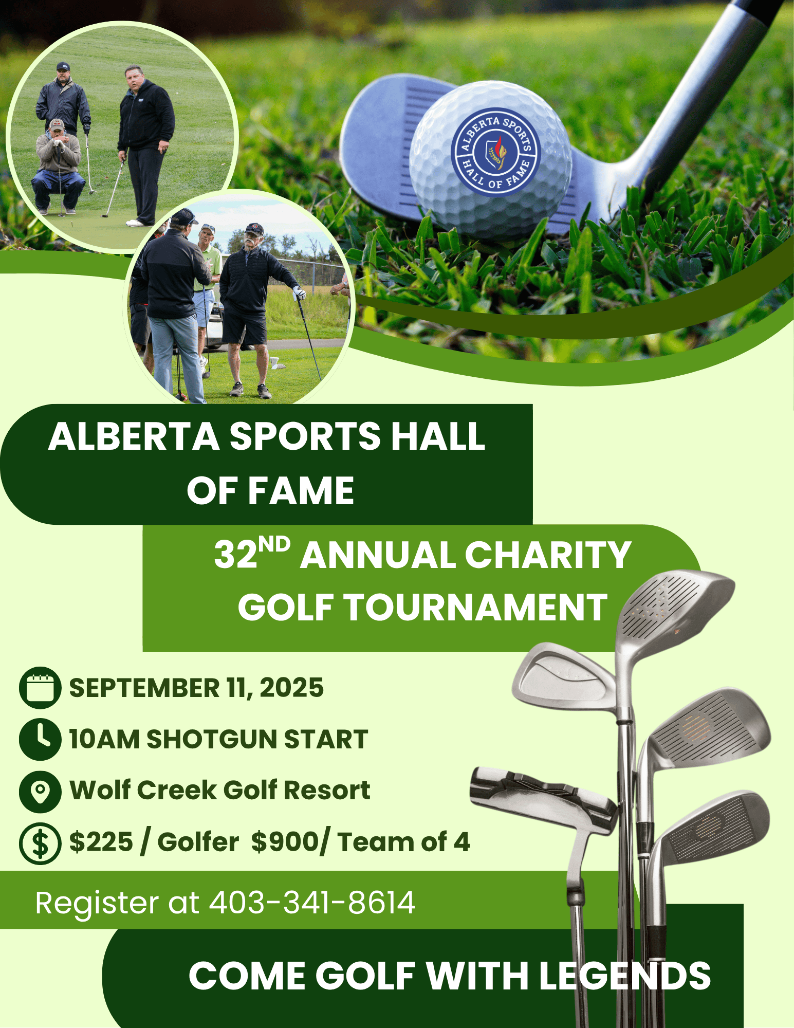 Golfers playing on lush green course with golf clubs in foreground, promoting the Alberta Sports Hall of Fame 32nd Annual Charity Golf Tournament in Red Deer, Alberta.