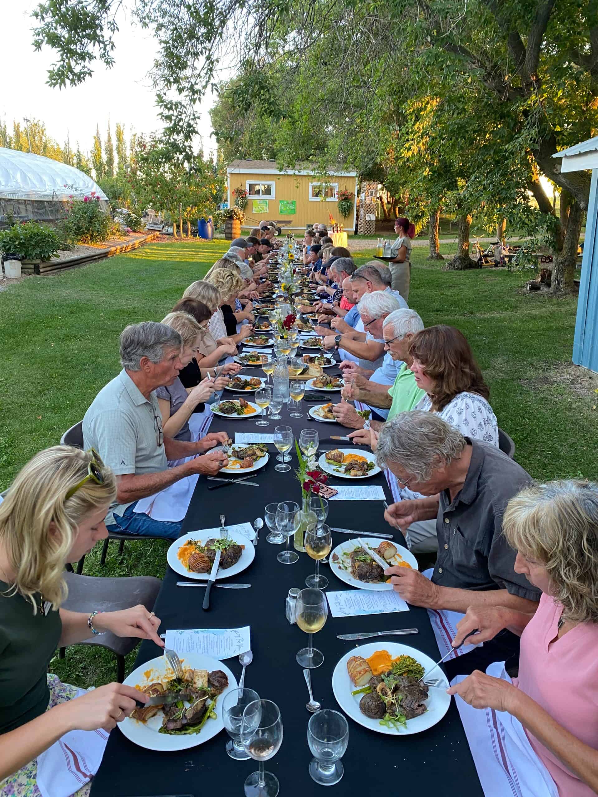 A large outdoor dinner gathering in a lush green garden setting with guests enjoying gourmet meals at a long, elegant table under shaded trees during sunset.