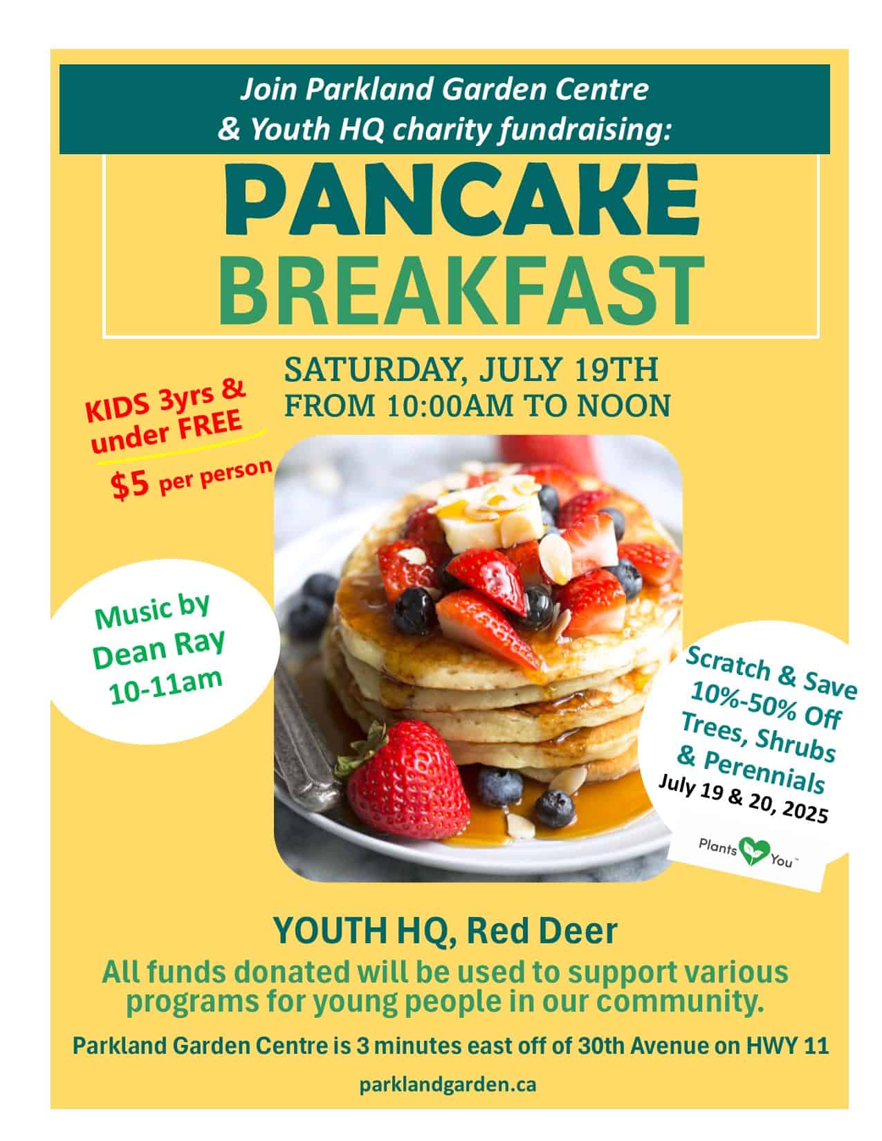 Pancake breakfast event flyer with images of pancakes topped with berries, promoting a summer fundraising event at YOUTH HQ Red Deer, featuring music, discounts on plants, and contributions to community programs.