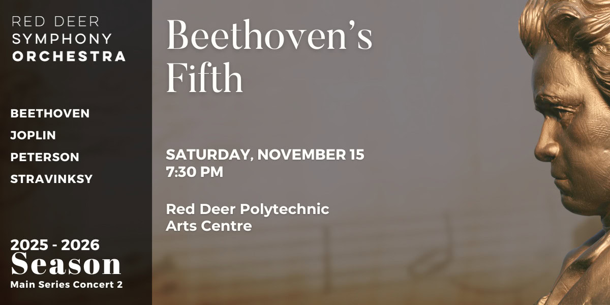 Beethoven's Fifth symphony concert poster featuring the Red Deer Symphony Orchestra, scheduled for November 15, 2025, at the Red Deer Polytechnic Arts Centre in Alberta.