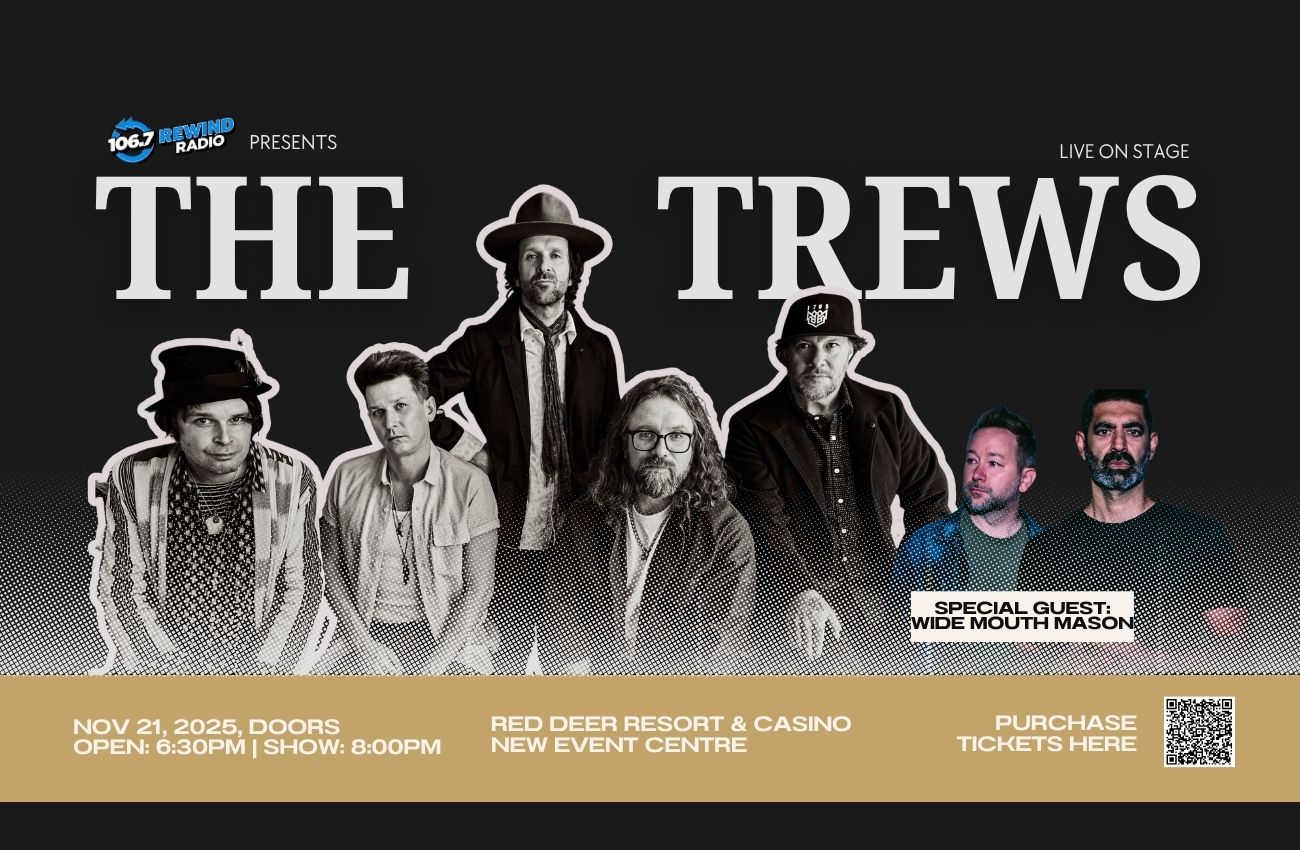 Live concert poster advertising The Trews with special guest Wide Mouth Mason at Red Deer Resort & Casino on November 21, 2025, featuring band members and event details.
