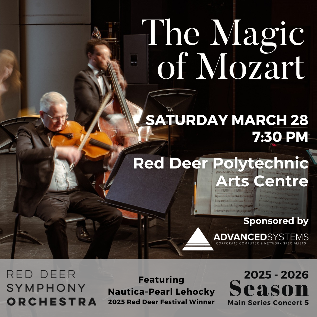 The Magic of Mozart concert poster featuring musicians performing on stage at the Red Deer Polytechnic Arts Centre.