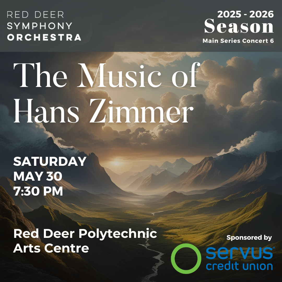 Hans Zimmer music concert poster featuring a dramatic mountain landscape with clouds at sunset, promoting the Red Deer Symphony Orchestra's 2025-2026 season event in Alberta.