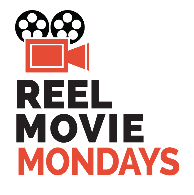 Vintage film reel and camera icon promoting Reel Movie Mondays in Red Deer, Alberta, for local film events and community entertainment.