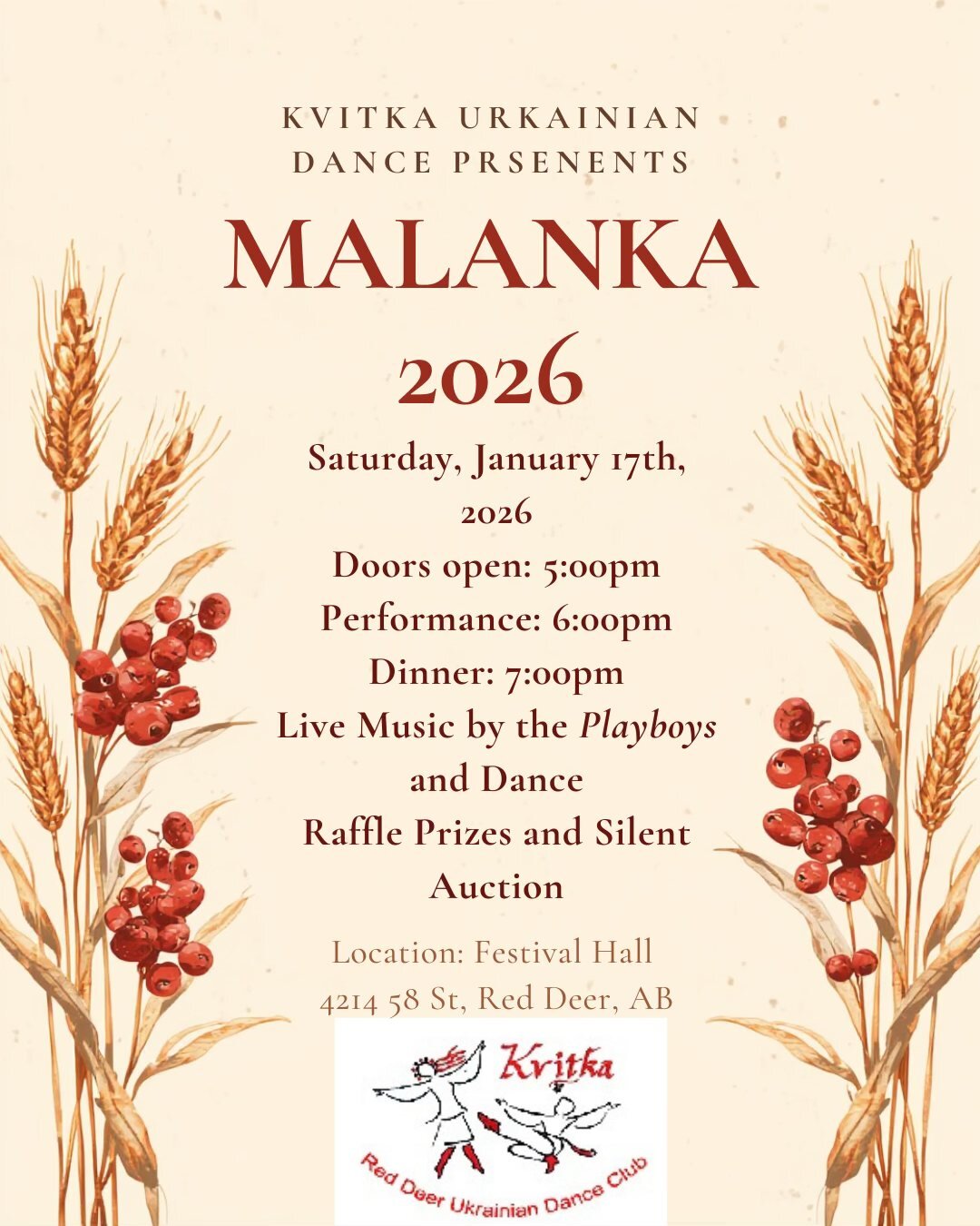 1. Event poster for Malanka 2026 Ukrainian dance celebration with details on date, time, location, and live entertainment in Red Deer, Alberta.