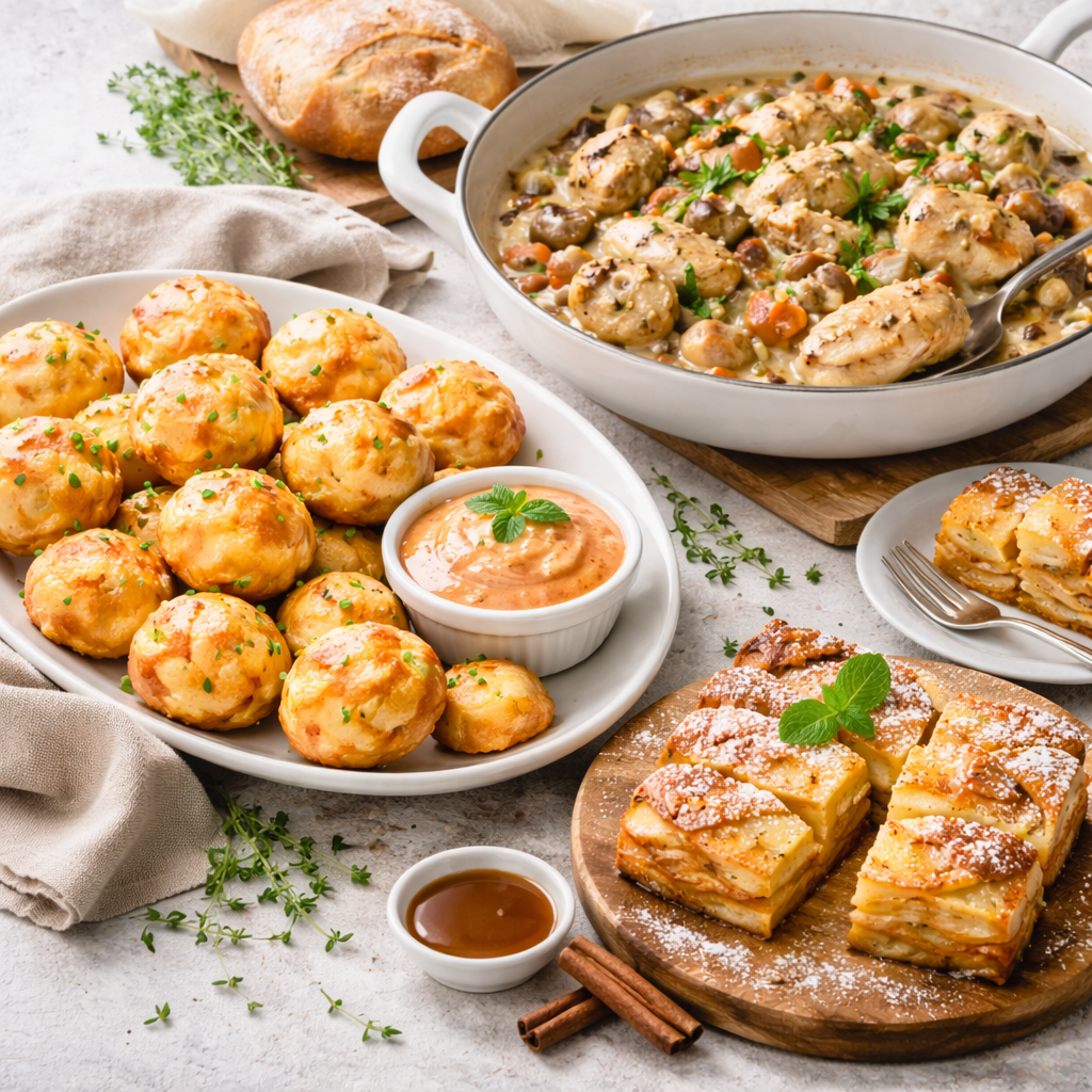 Warm cheese and herb potato balls served with dipping sauce at a cozy meal setting in Red Deer, Alberta. Delicious comfort food perfect for sharing.