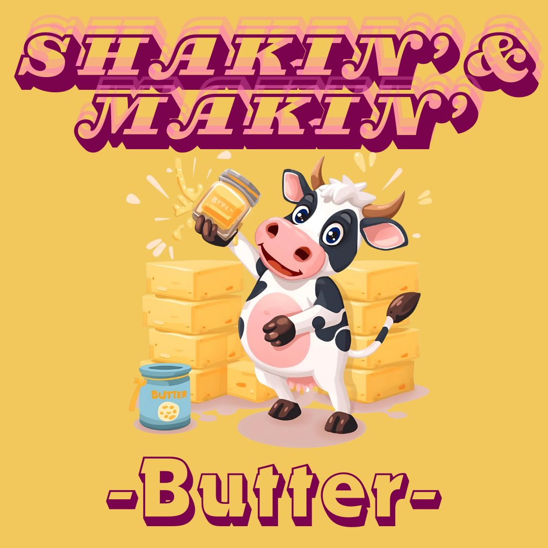 Cute cartoon cow holding a jar of butter, with cheese blocks in the background on a yellow backdrop.
