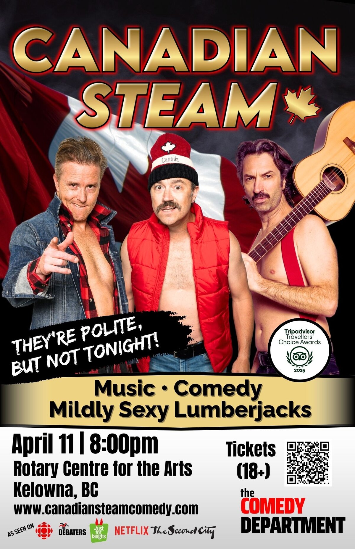 A lively music and comedy show featuring mildly sexy lumberjacks, offering a fun-filled night of entertainment in Kelowna, BC.