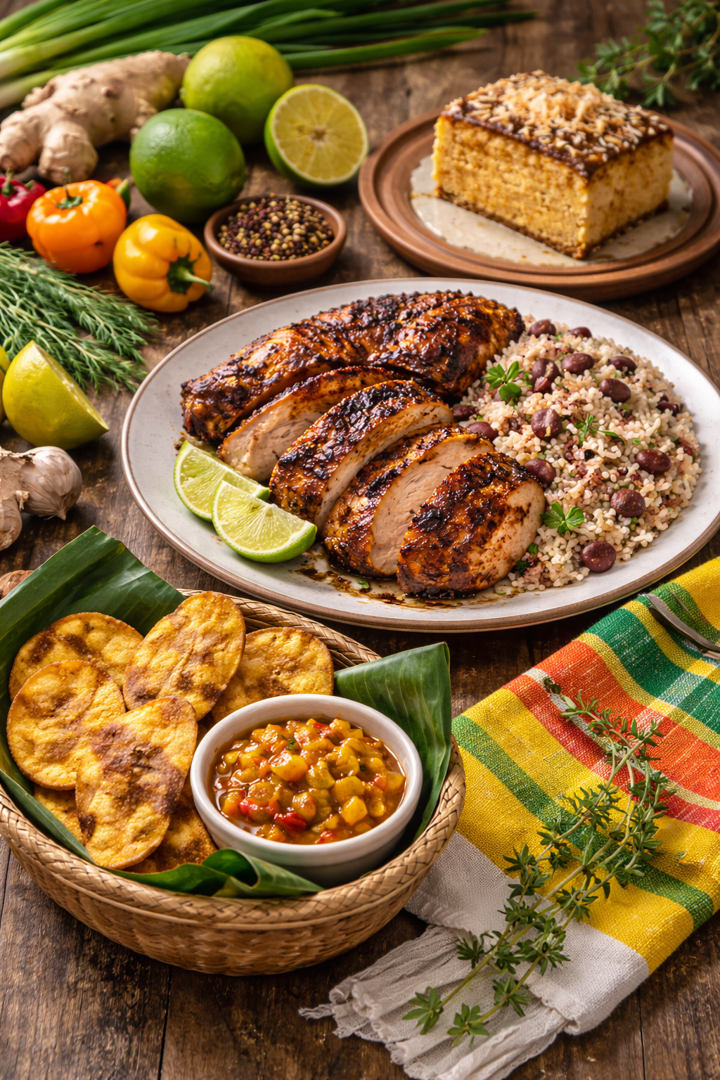 Jamaican cuisine featuring jerk pork, rice and peas, plantains, and traditional spices. Fresh ingredients like lime, ginger, and peppers highlight the vibrant flavors of Jamaica.